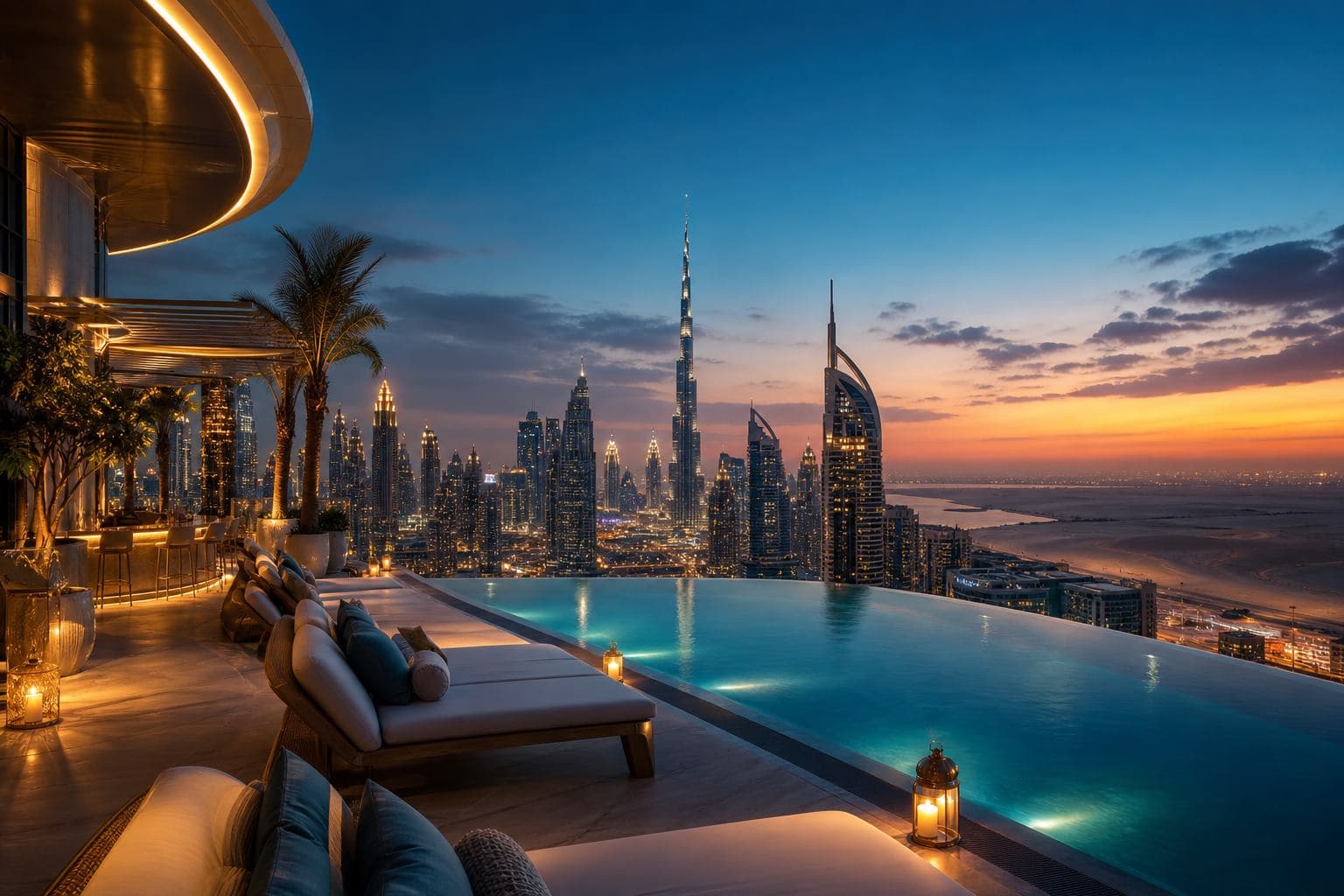 Downtown Dubai skyline at dusk with the Burj Khalifa