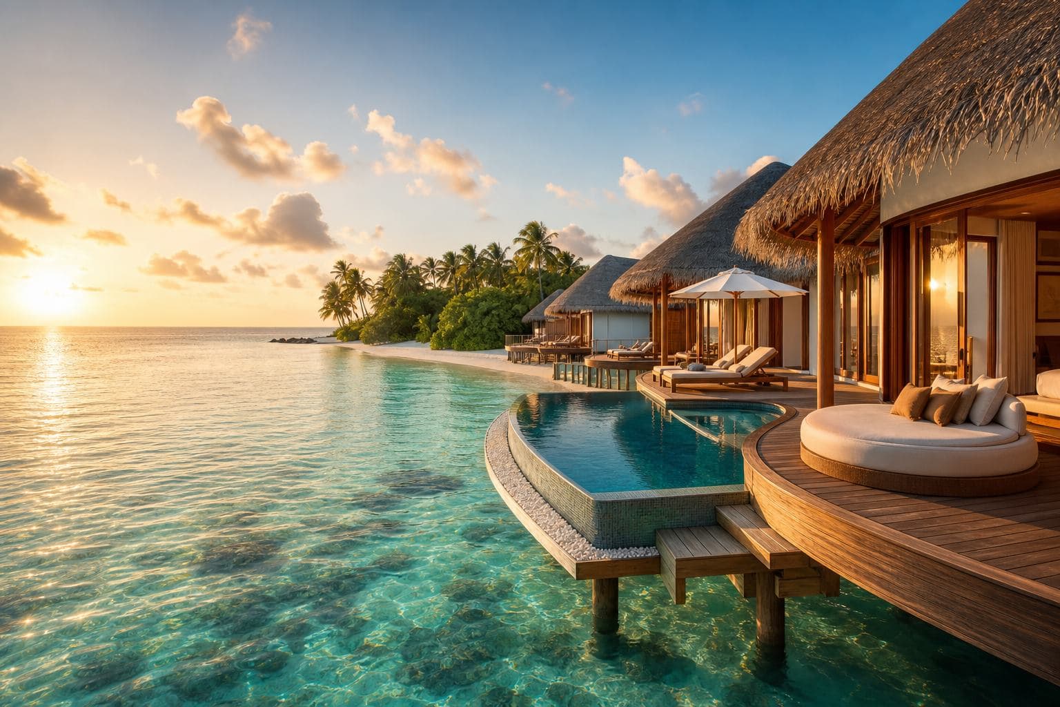 Overwater villas at sunset, Maldives